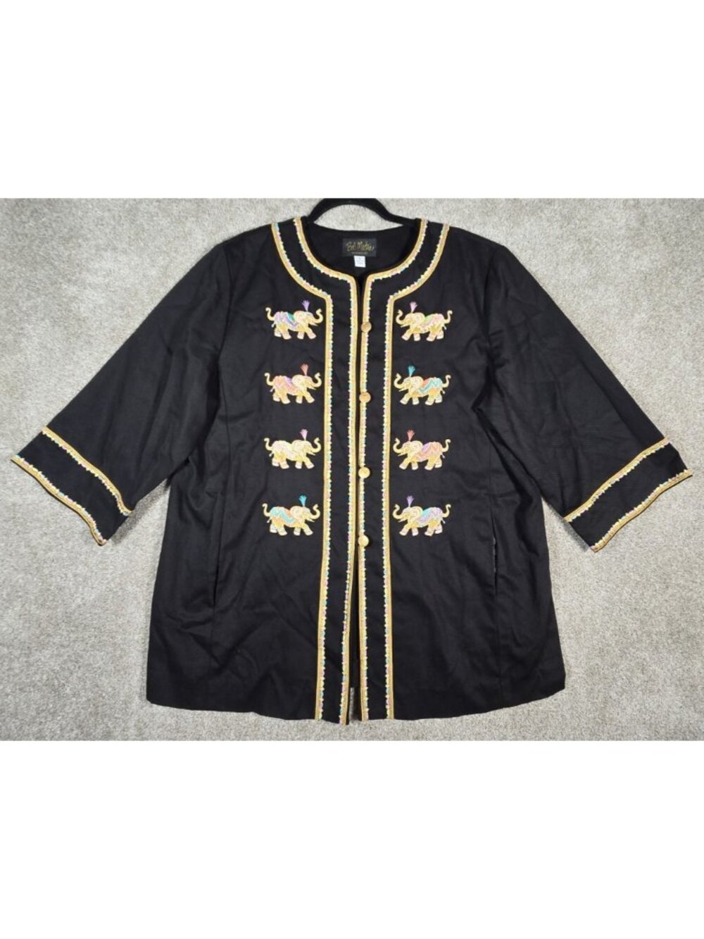 Bob Mackie Wearable Art Jacket Embroidered Elephant Boho Black Gold Trim Women L